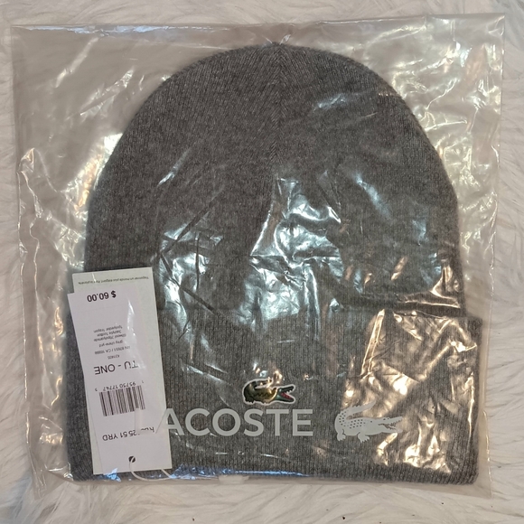 Lacoste Gray Cuffed Beanie Hat Crocodile Logo Cotton-Unisex-NWT$60 - Picture 2 of 2